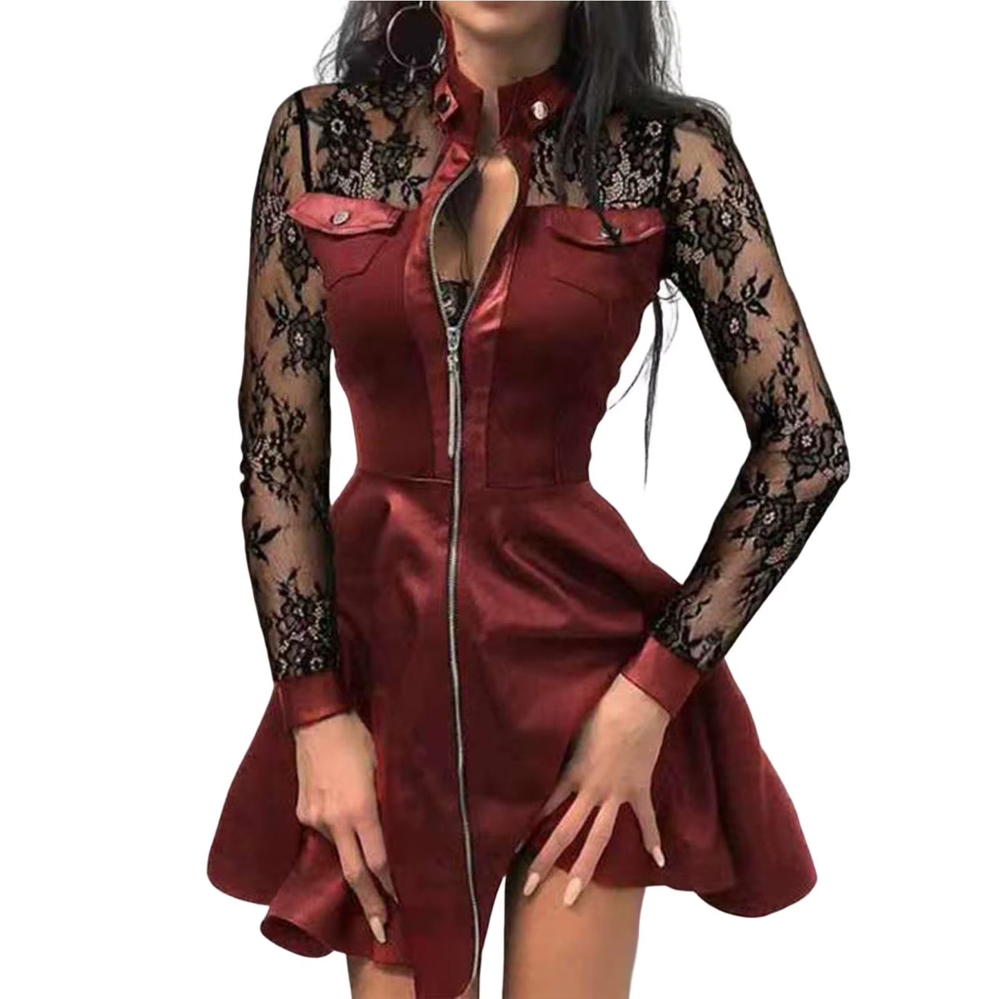 Women Long Sleeve Zipper Pocket Large Hem Faux Leather Lace Mini Dress Women'S Clothing Elegant Fashion Party Dress Vestidos 5XL