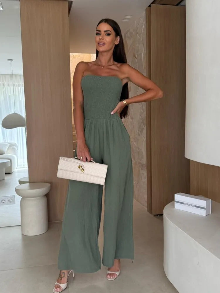 Sexy Tight Strapless Women's Jumpsuit Summer Solid Color New Fashion Waist Loose Wide-leg Pants Elegant Female Office Jumpsuit