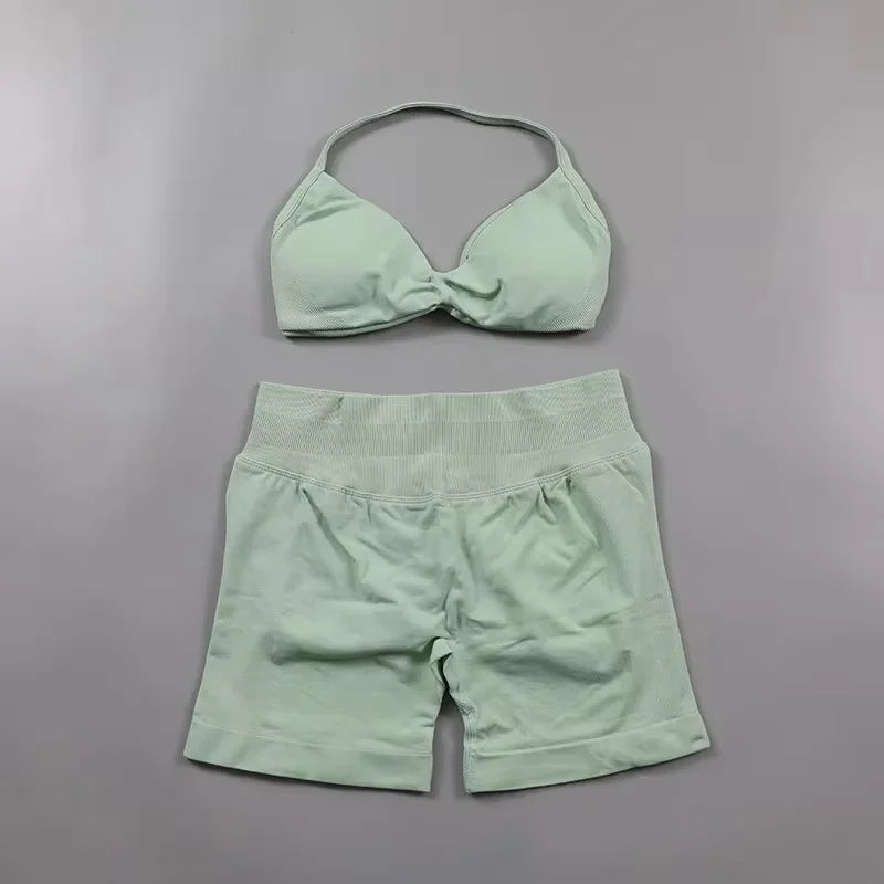 Ruched Seamless Yoga Set Women Sportswear Impact Gym Shorts Strappy Sports Bra 2 Piece Set Halter Workout Clothes Fitness Suit