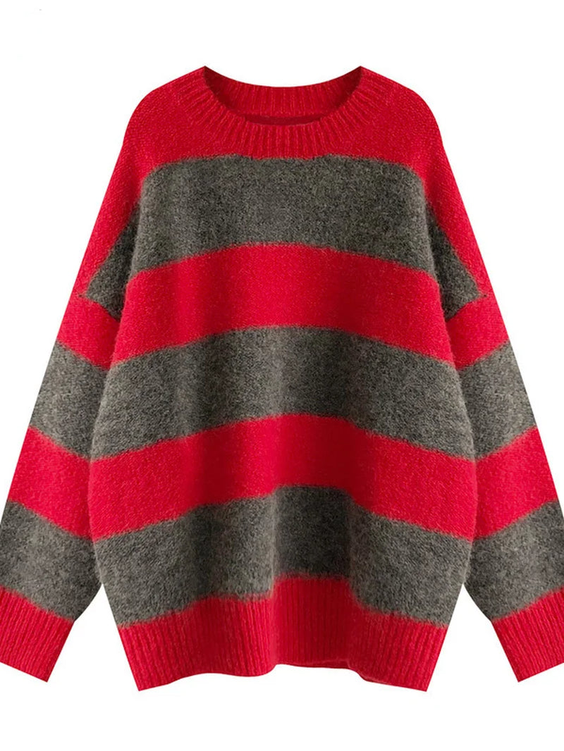 Women Oversized Thin Sweater Vintage Striped Loose Pullover Streetwear Autumn Knitted Jumper Femme 2025 Sueter Mujer