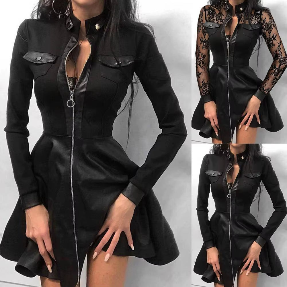 Women Long Sleeve Zipper Pocket Large Hem Faux Leather Lace Mini Dress Women'S Clothing Elegant Fashion Party Dress Vestidos 5XL