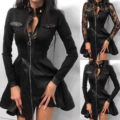 Women Long Sleeve Zipper Pocket Large Hem Faux Leather Lace Mini Dress Women'S Clothing Elegant Fashion Party Dress Vestidos 5XL