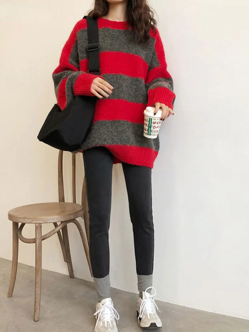 Women Oversized Thin Sweater Vintage Striped Loose Pullover Streetwear Autumn Knitted Jumper Femme 2025 Sueter Mujer