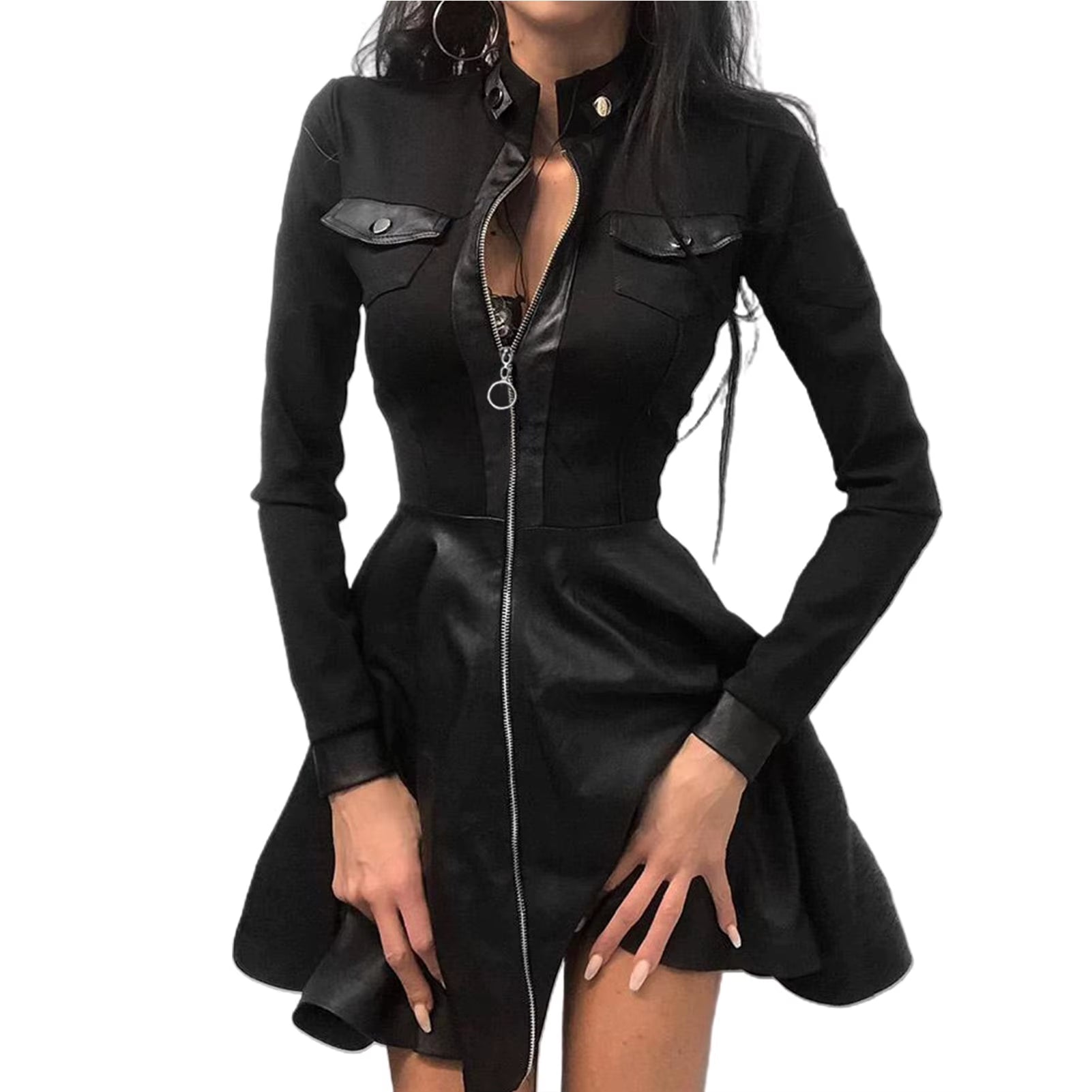 Women Long Sleeve Zipper Pocket Large Hem Faux Leather Lace Mini Dress Women'S Clothing Elegant Fashion Party Dress Vestidos 5XL