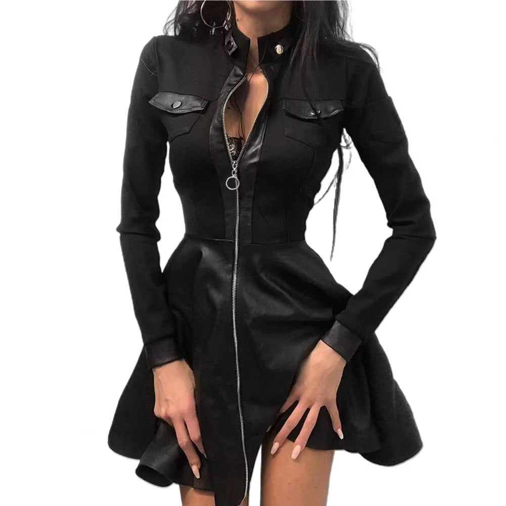Women Long Sleeve Zipper Pocket Large Hem Faux Leather Lace Mini Dress Women'S Clothing Elegant Fashion Party Dress Vestidos 5XL