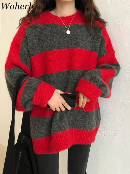Women Oversized Thin Sweater Vintage Striped Loose Pullover Streetwear Autumn Knitted Jumper Femme 2025 Sueter Mujer