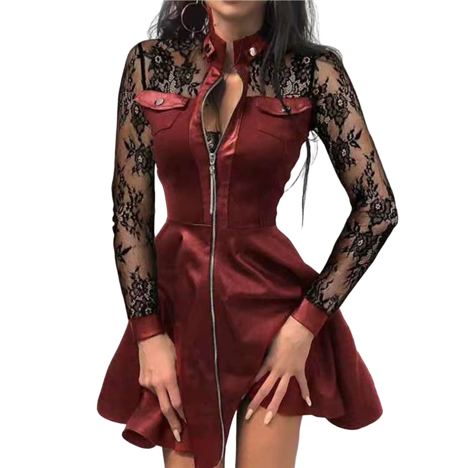 Women Long Sleeve Zipper Pocket Large Hem Faux Leather Lace Mini Dress Women'S Clothing Elegant Fashion Party Dress Vestidos 5XL
