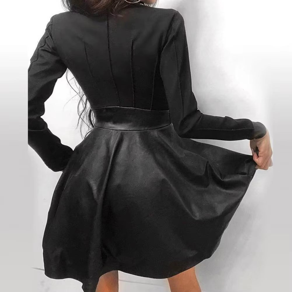 Women Long Sleeve Zipper Pocket Large Hem Faux Leather Lace Mini Dress Women'S Clothing Elegant Fashion Party Dress Vestidos 5XL