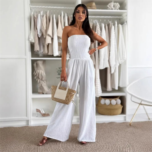 Sexy Tight Strapless Women's Jumpsuit Summer Solid Color New Fashion Waist Loose Wide-leg Pants Elegant Female  Office Jumpsuit