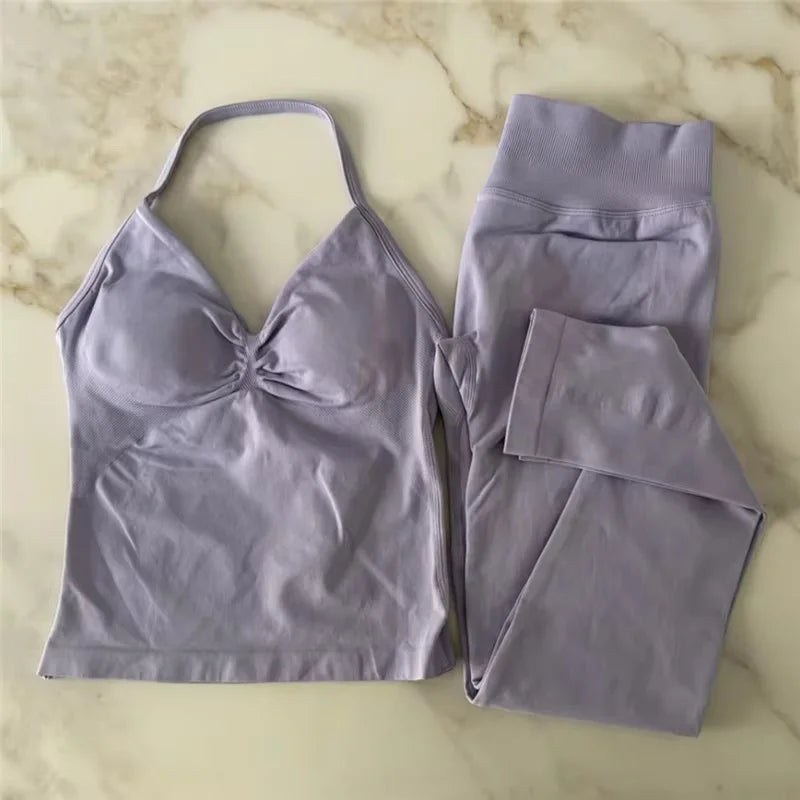 2Pcs Women's Gym Yoga Set Seamless High Waist Leggings Sports Bra Top Workout Outfit Fitness Activewear Running Training Clothes