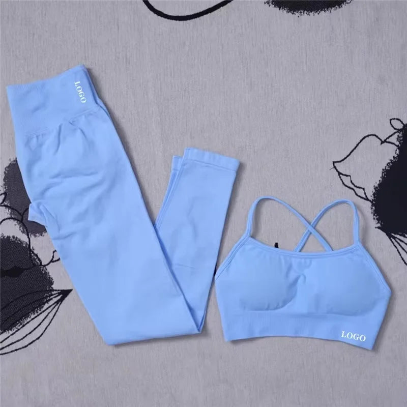 2Pcs Women's Gym Yoga Set Seamless High Waist Leggings Sports Bra Top Workout Outfit Fitness Activewear Running Training Clothes