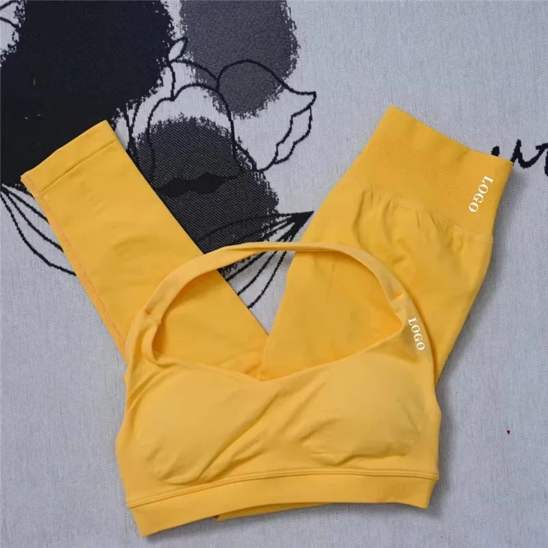 2Pcs Women's Gym Yoga Set Seamless High Waist Leggings Sports Bra Top Workout Outfit Fitness Activewear Running Training Clothes