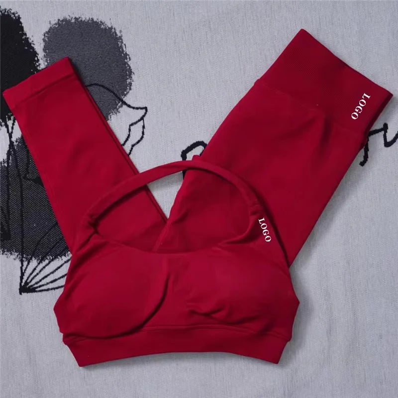 2Pcs Women's Gym Yoga Set Seamless High Waist Leggings Sports Bra Top Workout Outfit Fitness Activewear Running Training Clothes