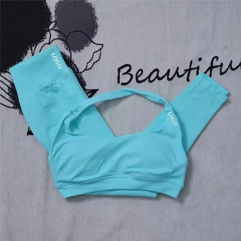 2Pcs Women's Gym Yoga Set Seamless High Waist Leggings Sports Bra Top Workout Outfit Fitness Activewear Running Training Clothes