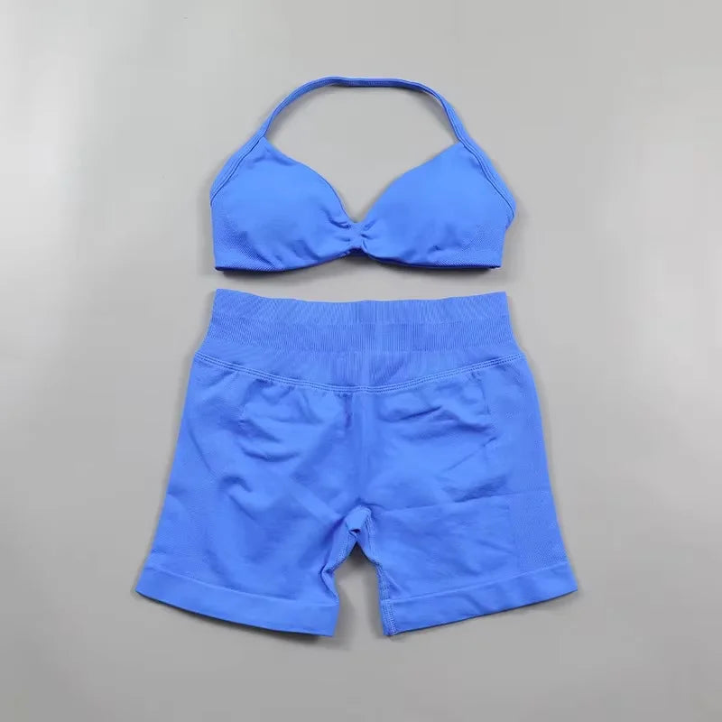 Ruched Seamless Yoga Set Women Sportswear Impact Gym Shorts Strappy Sports Bra 2 Piece Set Halter Workout Clothes Fitness Suit