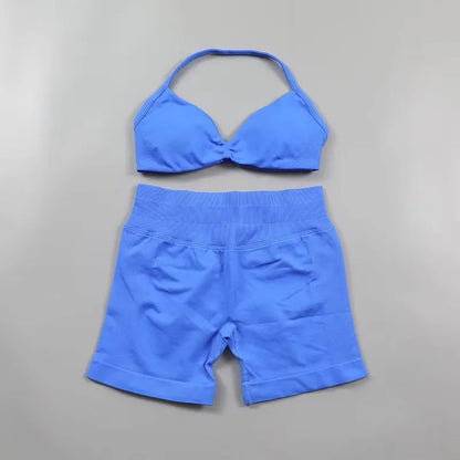 Ruched Seamless Yoga Set Women Sportswear Impact Gym Shorts Strappy Sports Bra 2 Piece Set Halter Workout Clothes Fitness Suit