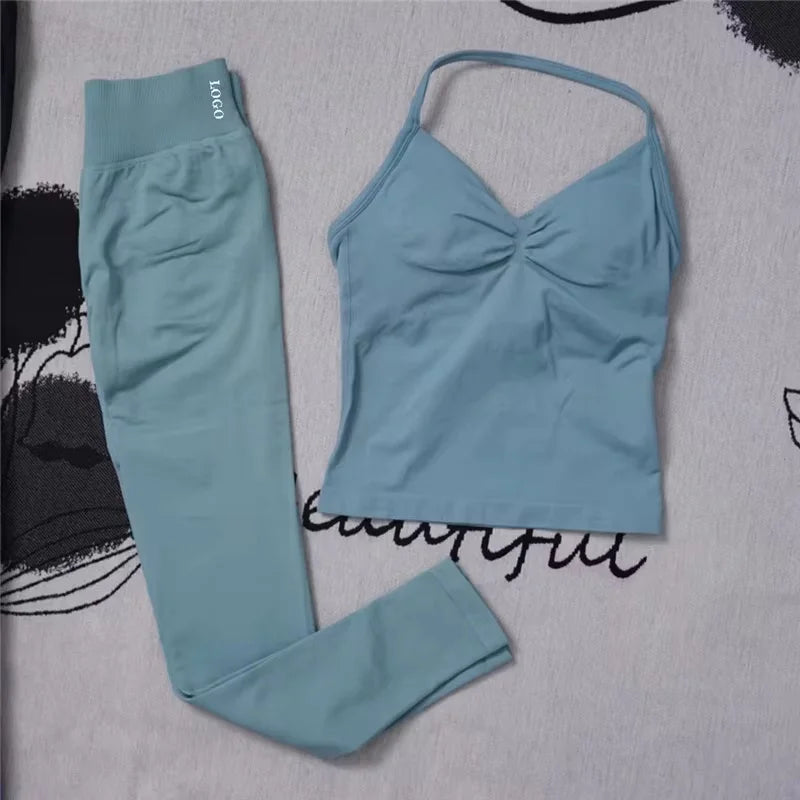 2Pcs Women's Gym Yoga Set Seamless High Waist Leggings Sports Bra Top Workout Outfit Fitness Activewear Running Training Clothes