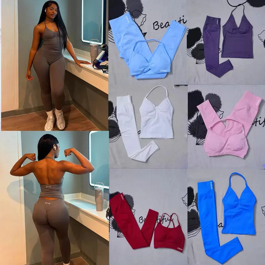 2Pcs Women's Gym Yoga Set Seamless High Waist Leggings Sports Bra Top Workout Outfit Fitness Activewear Running Training Clothes