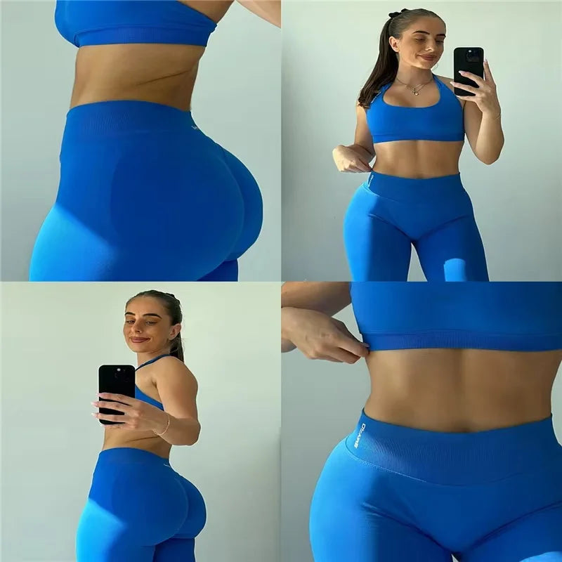 2Pcs Women's Gym Yoga Set Seamless High Waist Leggings Sports Bra Top Workout Outfit Fitness Activewear Running Training Clothes