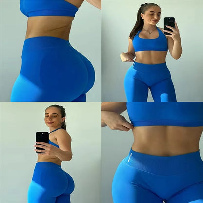 2Pcs Women's Gym Yoga Set Seamless High Waist Leggings Sports Bra Top Workout Outfit Fitness Activewear Running Training Clothes