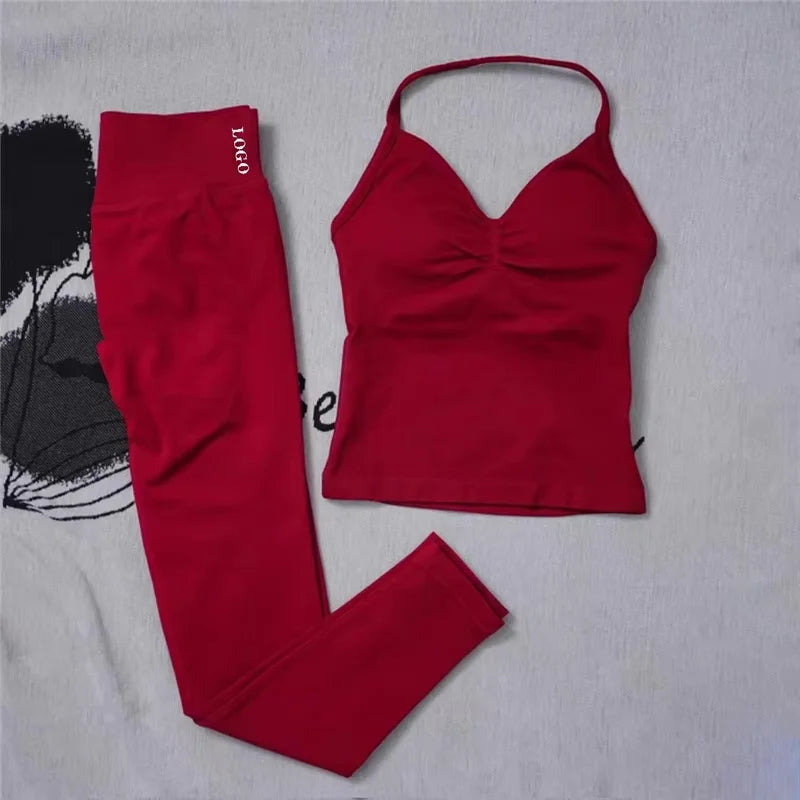 2Pcs Women's Gym Yoga Set Seamless High Waist Leggings Sports Bra Top Workout Outfit Fitness Activewear Running Training Clothes