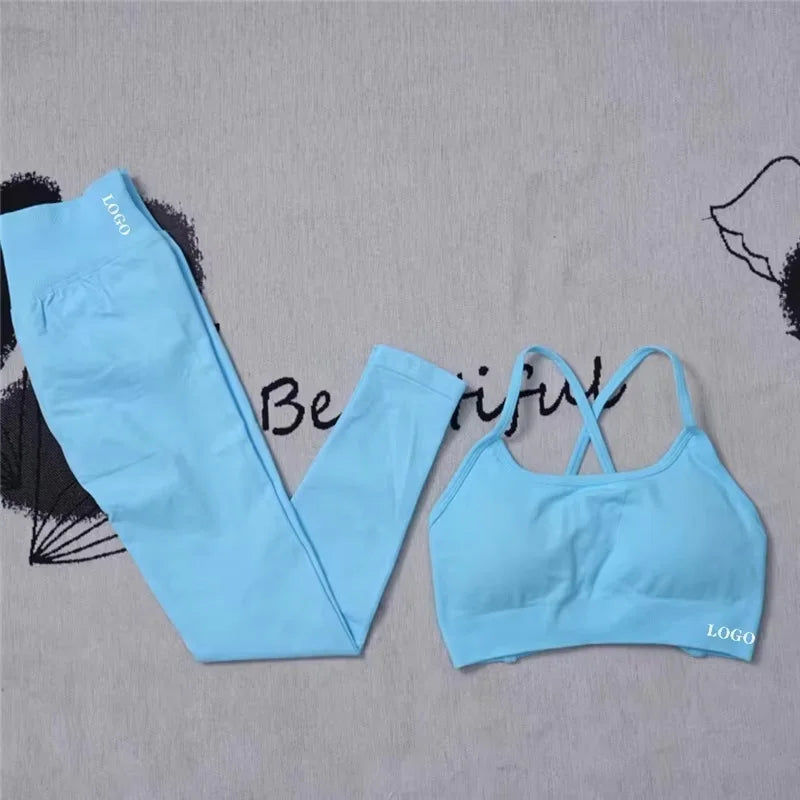 2Pcs Women's Gym Yoga Set Seamless High Waist Leggings Sports Bra Top Workout Outfit Fitness Activewear Running Training Clothes