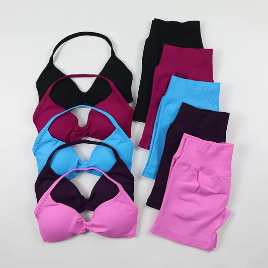 Ruched Seamless Yoga Set Women Sportswear Impact Gym Shorts Strappy Sports Bra 2 Piece Set Halter Workout Clothes Fitness Suit