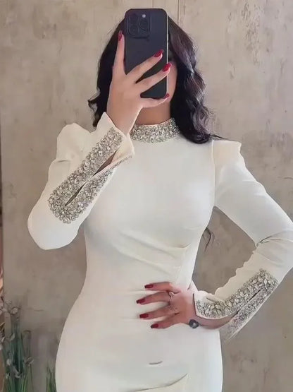 Women Elegant Solid High Slit Party Dress Temperament Long Sleeve Slim Evening Gala Dress Turtleneck Rhinestone Banquet Dresses