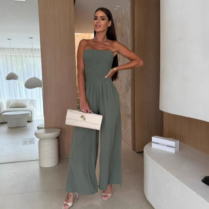 Sexy Tight Strapless Women's Jumpsuit Summer Solid Color New Fashion Waist Loose Wide-leg Pants Elegant Female  Office Jumpsuit