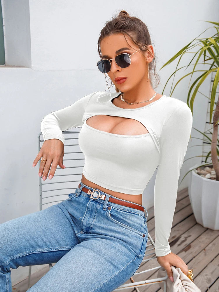 Women's Casual Round Neck Long Sleeve Crop Top Women's Long Sleeve Hollow Fitness Crop Top Yoga Sweatshirt