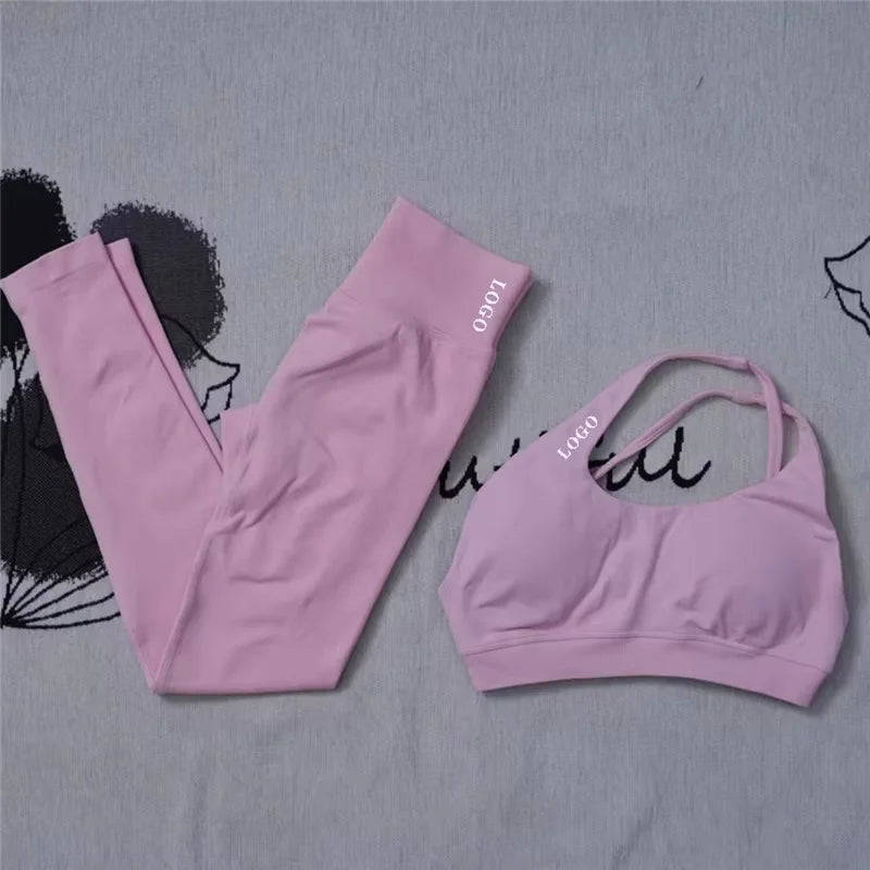 2Pcs Women's Gym Yoga Set Seamless High Waist Leggings Sports Bra Top Workout Outfit Fitness Activewear Running Training Clothes