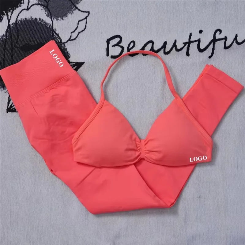 2Pcs Women's Gym Yoga Set Seamless High Waist Leggings Sports Bra Top Workout Outfit Fitness Activewear Running Training Clothes