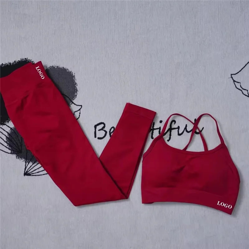 2Pcs Women's Gym Yoga Set Seamless High Waist Leggings Sports Bra Top Workout Outfit Fitness Activewear Running Training Clothes