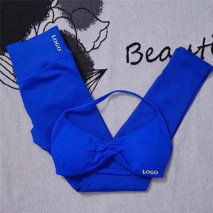 2Pcs Women's Gym Yoga Set Seamless High Waist Leggings Sports Bra Top Workout Outfit Fitness Activewear Running Training Clothes