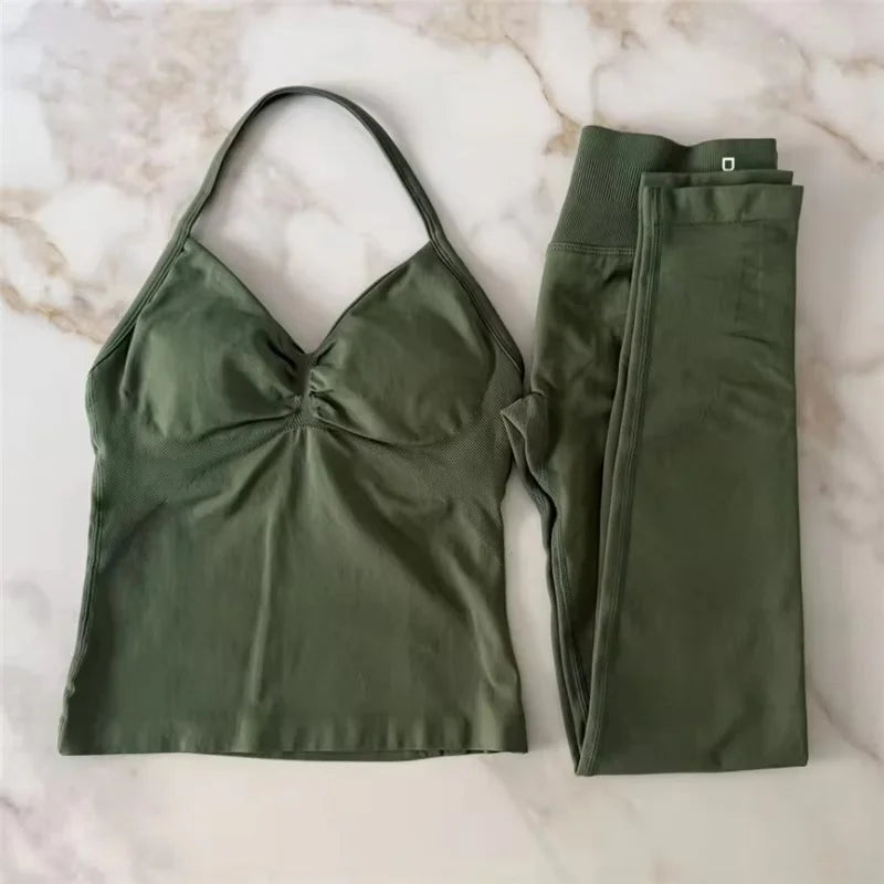 2Pcs Women's Gym Yoga Set Seamless High Waist Leggings Sports Bra Top Workout Outfit Fitness Activewear Running Training Clothes