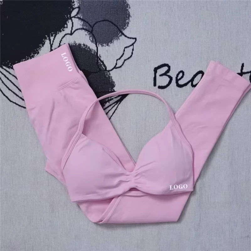 2Pcs Women's Gym Yoga Set Seamless High Waist Leggings Sports Bra Top Workout Outfit Fitness Activewear Running Training Clothes