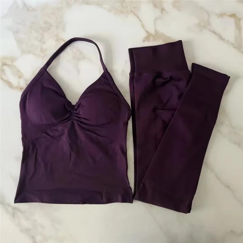 2Pcs Women's Gym Yoga Set Seamless High Waist Leggings Sports Bra Top Workout Outfit Fitness Activewear Running Training Clothes