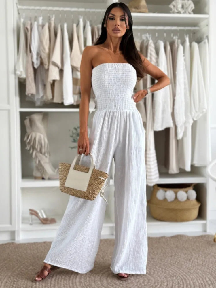 Sexy Tight Strapless Women's Jumpsuit Summer Solid Color New Fashion Waist Loose Wide-leg Pants Elegant Female  Office Jumpsuit