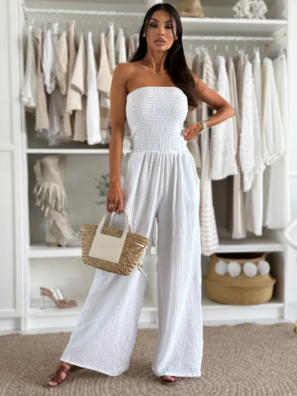 Sexy Tight Strapless Women's Jumpsuit Summer Solid Color New Fashion Waist Loose Wide-leg Pants Elegant Female  Office Jumpsuit