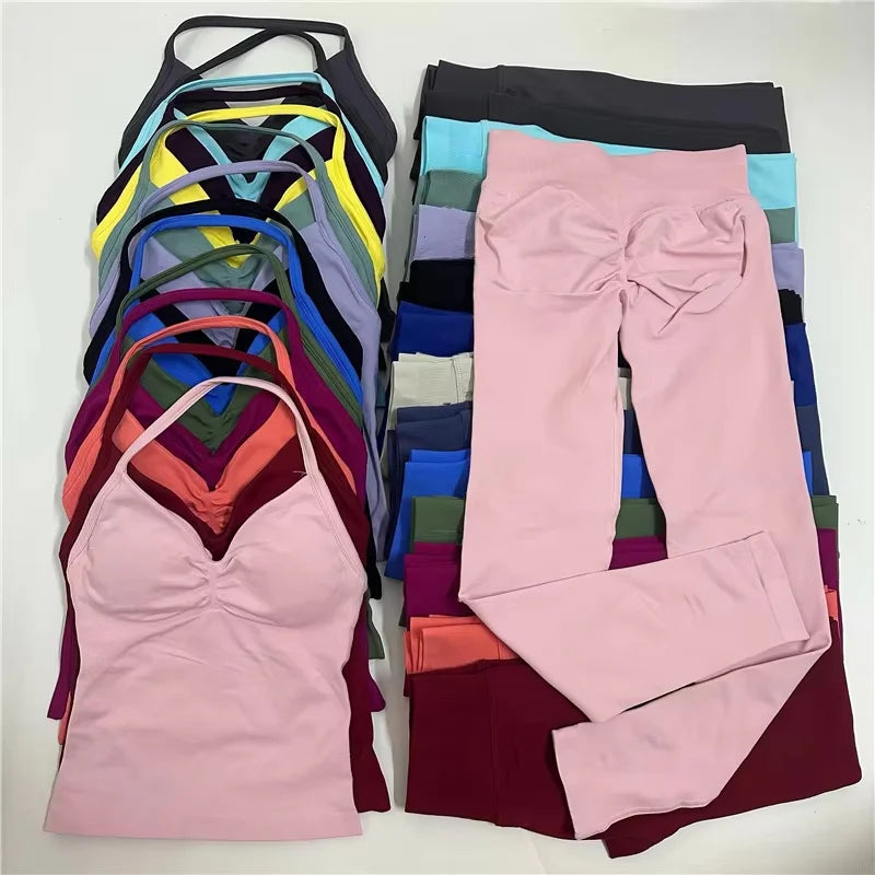 2Pcs Women's Gym Yoga Set Seamless High Waist Leggings Sports Bra Top Workout Outfit Fitness Activewear Running Training Clothes