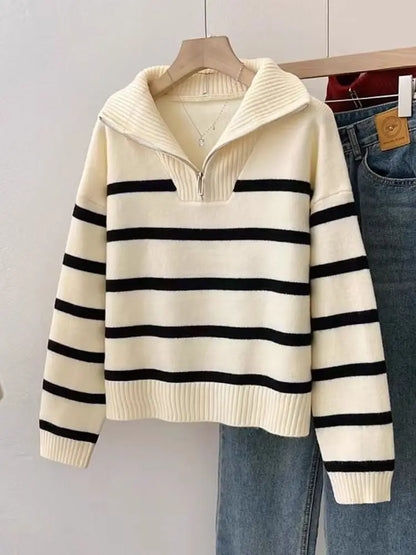 2025 New Hong Kong Style Retro Knitted Ribbed Jacket for Women, Autumn and Winter New Loose Zipper Sweater Half-Zip