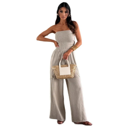 Sexy Tight Strapless Women's Jumpsuit Summer Solid Color New Fashion Waist Loose Wide-leg Pants Elegant Female  Office Jumpsuit