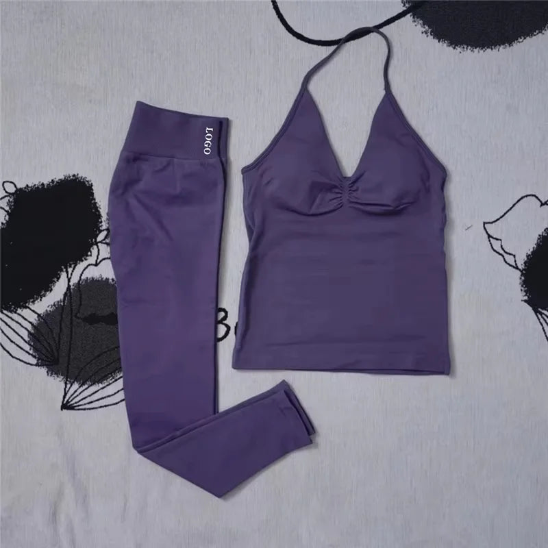 2Pcs Women's Gym Yoga Set Seamless High Waist Leggings Sports Bra Top Workout Outfit Fitness Activewear Running Training Clothes