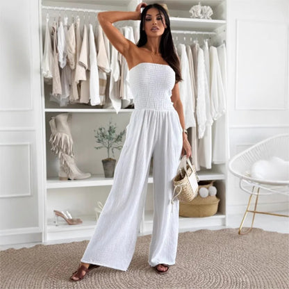 Sexy Tight Strapless Women's Jumpsuit Summer Solid Color New Fashion Waist Loose Wide-leg Pants Elegant Female  Office Jumpsuit