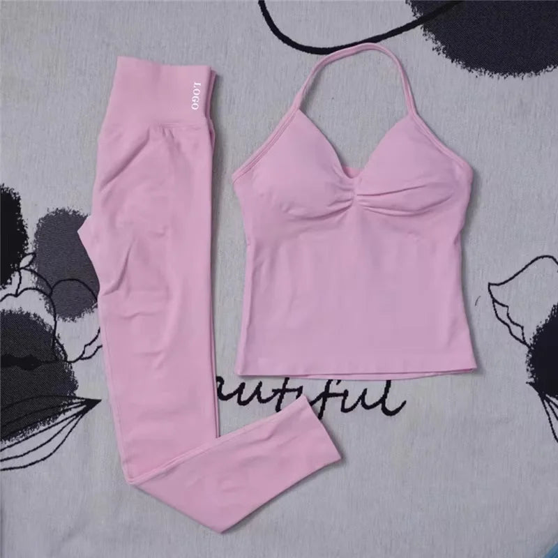 2Pcs Women's Gym Yoga Set Seamless High Waist Leggings Sports Bra Top Workout Outfit Fitness Activewear Running Training Clothes