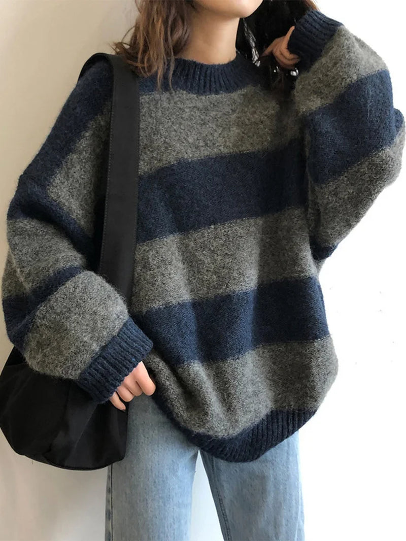 Women Oversized Thin Sweater Vintage Striped Loose Pullover Streetwear Autumn Knitted Jumper Femme 2025 Sueter Mujer