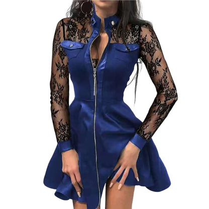 Women Long Sleeve Zipper Pocket Large Hem Faux Leather Lace Mini Dress Women'S Clothing Elegant Fashion Party Dress Vestidos 5XL