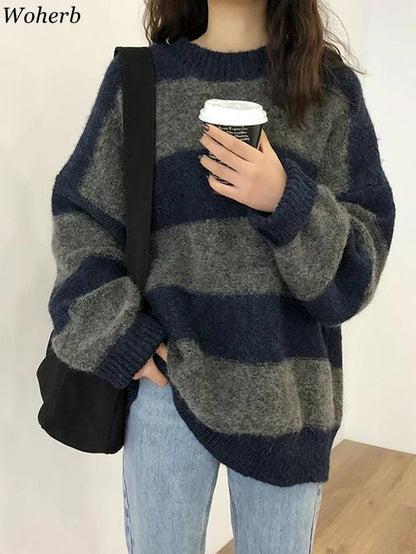 Women Oversized Thin Sweater Vintage Striped Loose Pullover Streetwear Autumn Knitted Jumper Femme 2025 Sueter Mujer