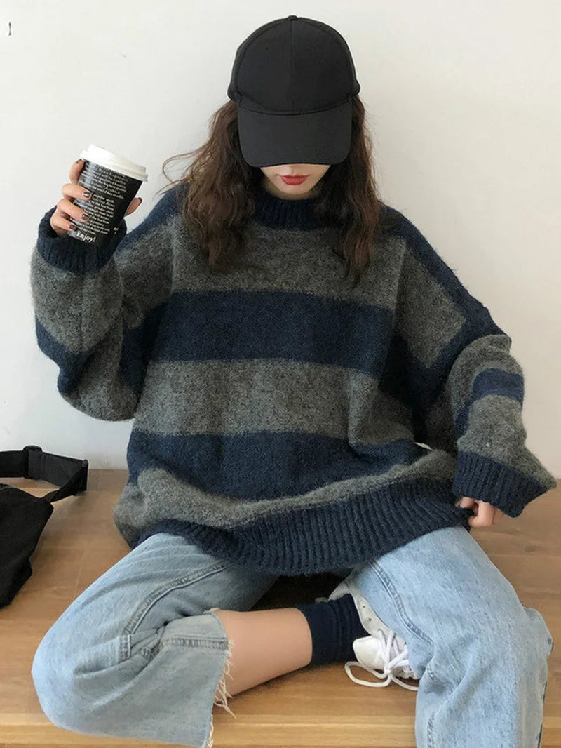 Women Oversized Thin Sweater Vintage Striped Loose Pullover Streetwear Autumn Knitted Jumper Femme 2025 Sueter Mujer
