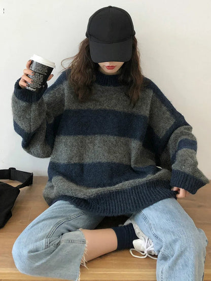 Women Oversized Thin Sweater Vintage Striped Loose Pullover Streetwear Autumn Knitted Jumper Femme 2025 Sueter Mujer